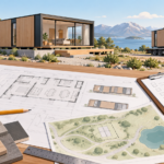 Ilustración editorial de una casa prefabricada con planos, presupuesto y elementos de obra