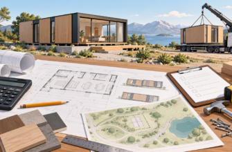 Ilustración editorial de una casa prefabricada con planos, presupuesto y elementos de obra