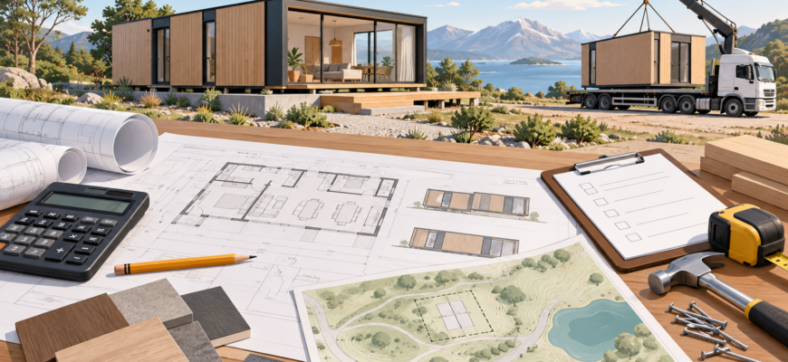 Ilustración editorial de una casa prefabricada con planos, presupuesto y elementos de obra